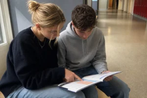 Två gymnasieelever sitter i en skolkorridor och bläddrar tillsammans i en broschyr om yrkesutbildningar med bra lön.