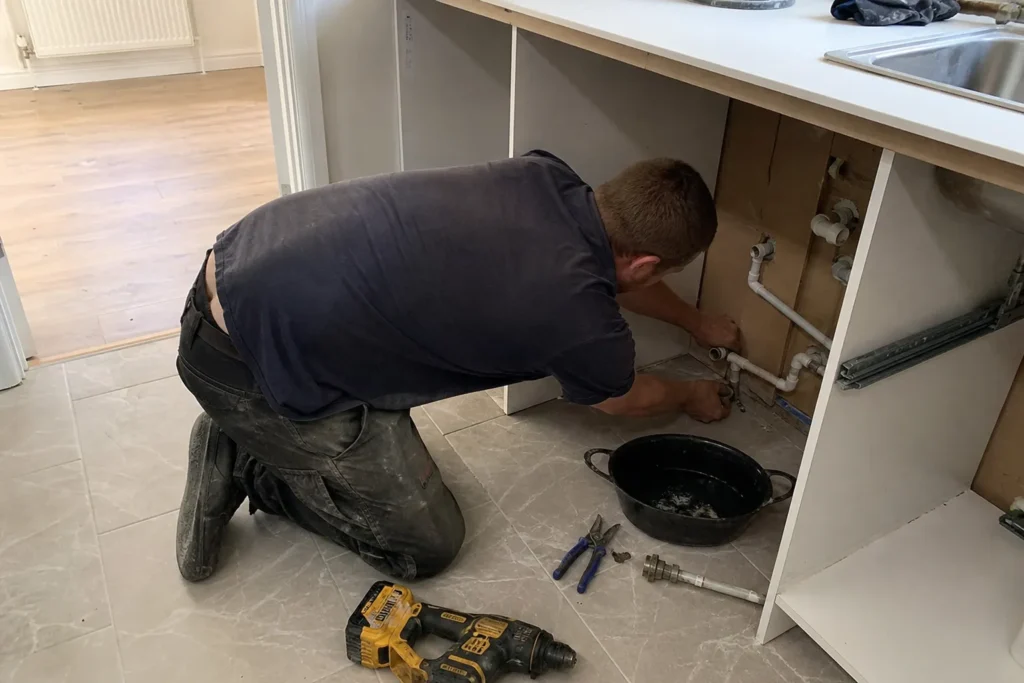 Hantverkare knäböjer på köksgolv och arbetar koncentrerat med kakel eller rörinstallation, ett vanligt exempel på hantverk...
