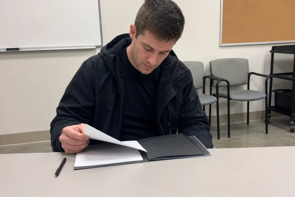 Ung person studerar kursinnehåll vid ett skrivbord inom en yrkesutbildning med bra lön